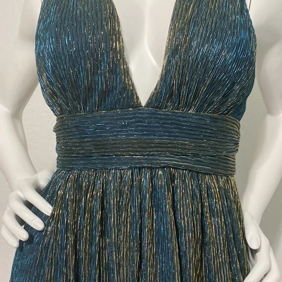 Lulu’s Ailey Gold and Teal Metallic Plunge Skater Dress Size Small - Picture 11 of 12